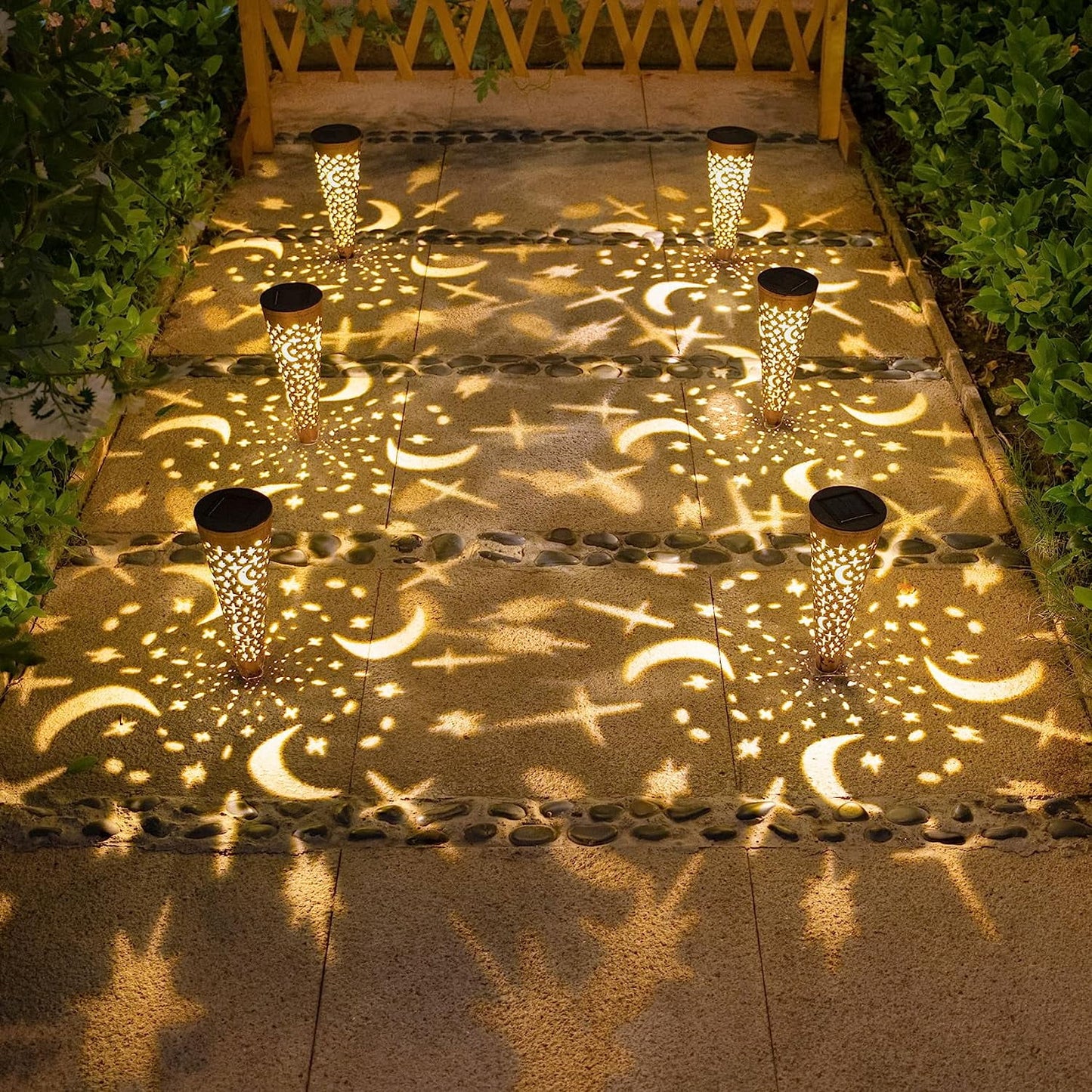 Solar Garden Lights - Waterproof Decorative Stake Lights with Moon and Star Design for Outdoor Patio, Pathway, and Backyard Decor (Copper, Set of 6)