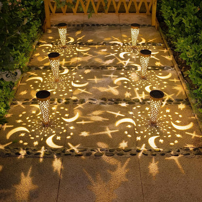 Solar Garden Lights - Waterproof Decorative Stake Lights with Moon and Star Design for Outdoor Patio, Pathway, and Backyard Decor (Copper, Set of 6)