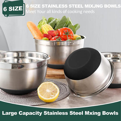 6-Piece Stainless Steel Mixing Bowls with Airtight Lids and Non-Slip Bottoms, Ideal for Mixing and Serving (Black)