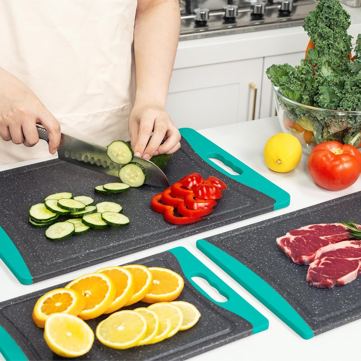 Extra Large Turquoise Plastic Cutting Board Set (3 Pieces) with Juice Grooves and Ergonomic Handles