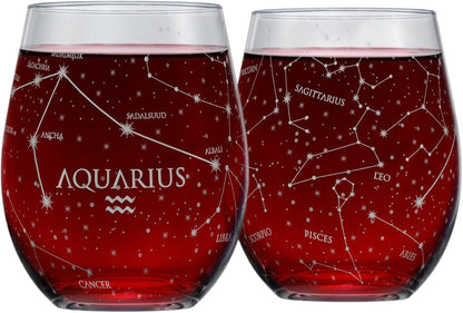 Libra Zodiac Hand-Etched Stemless Wine Glasses - Set of 2, 15 Oz