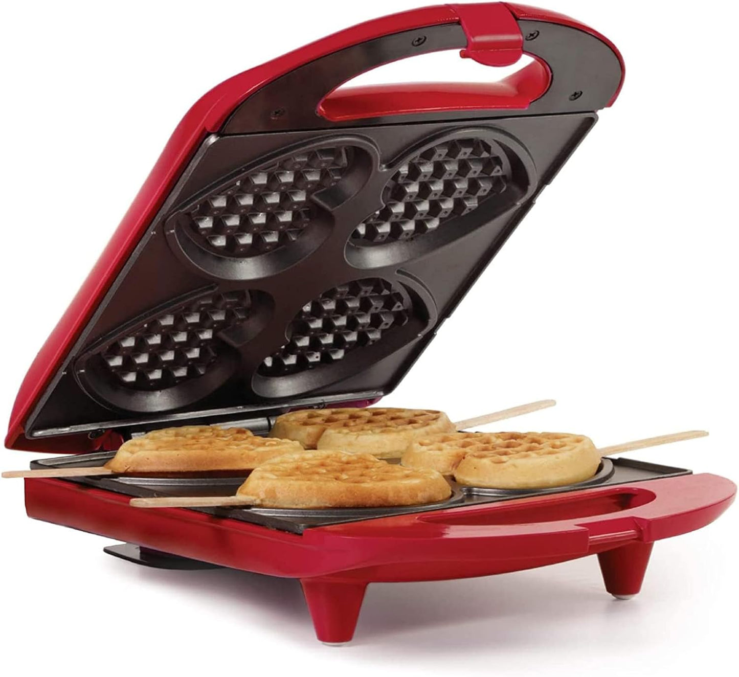 Non-Stick Heart Waffle Maker in Red - Produces Four Heart-Shaped Waffles Quickly