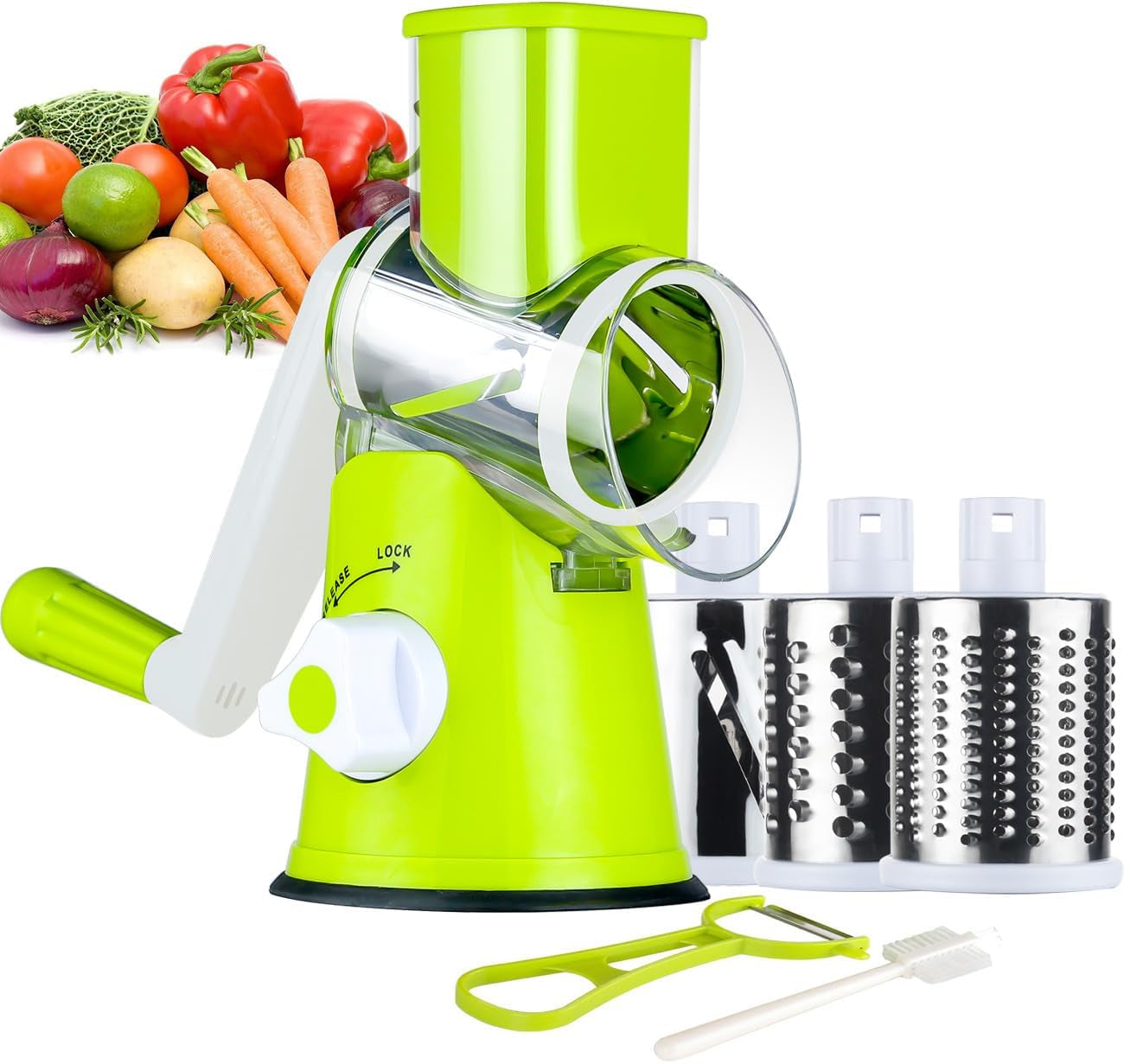 Hand Crank Rotary Cheese Grater and Kitchen Shredder with Three Drum Blades for Cheese, Vegetables, Nuts, and More - Green