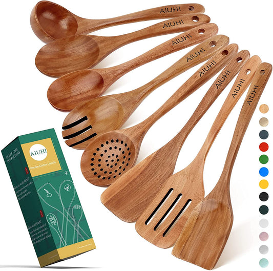 Premium Teak Wood Cooking Utensil Set - 8 Non-Scratch, Nonstick Spoons for Seamless Culinary Experience