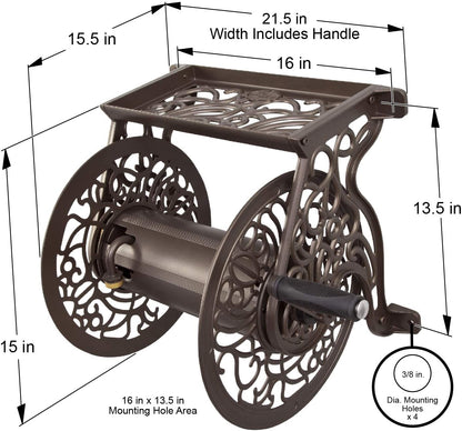 Bronze Wall-Mounted Garden Hose Reel - Accommodates 125 Feet of 5/8-Inch Hose, Crafted from Durable Cast Aluminum