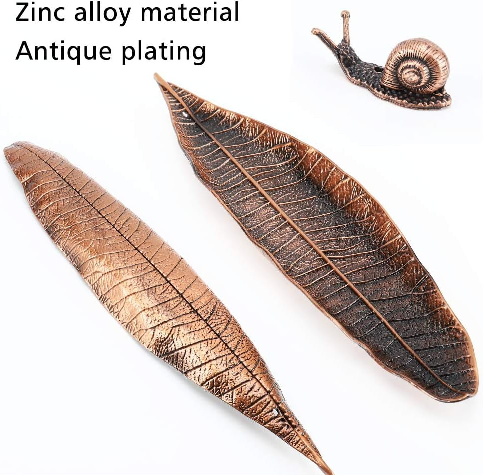 Incense Holder Set - Leaf and Snail Design, Red Copper Incense Burner and Ash Catcher for Meditation, Yoga, Home, and Office Use